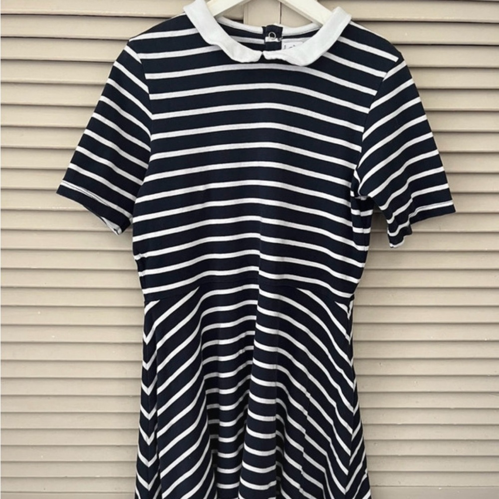 EUC Petit Bateau Blue White Stripe Cotton Dress With Collar 10 Runs Small
